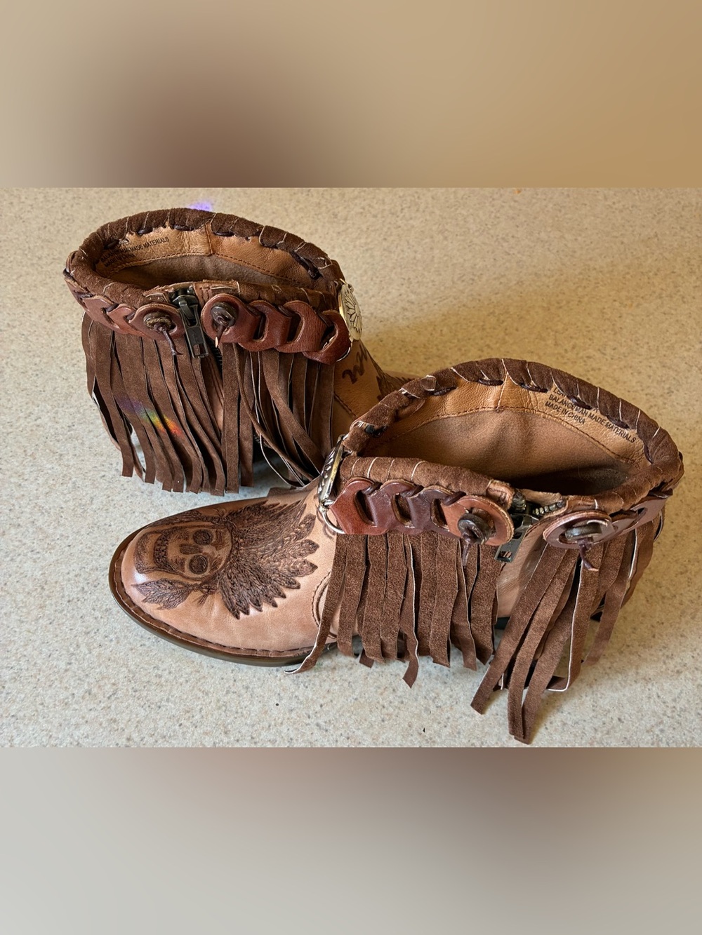 Born Tan Distressed Leather Fringe Ankle Boot with Etched Skull - Picture 2 of 5